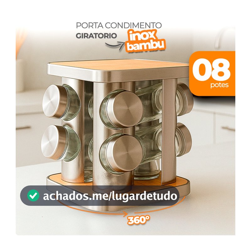 Porta Temperos Giratório Inox e Bambu com 8 Potes – Organizador 360° de Cozinha