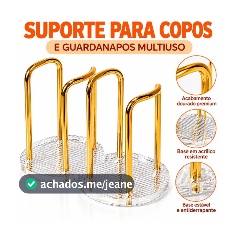 Porta Copos de Mesa Transparente com Suporte Metálico Dourado Organizador para Cozinha