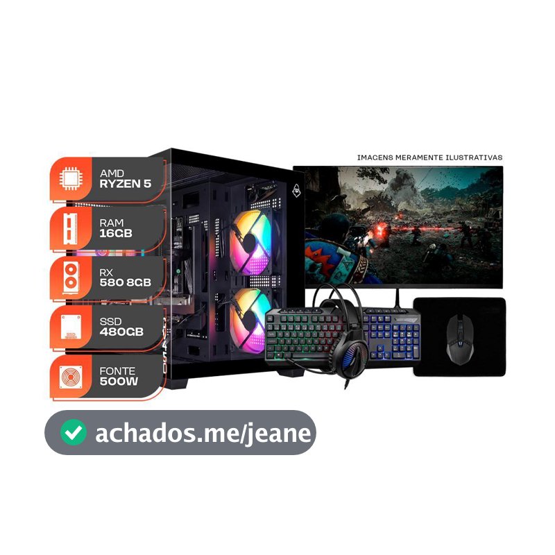 PC Gamer Forge, AMD Ryzen 5 5500, RX 580 8GB, 16GB DDR4, SSD 480GB, Completo com Monitor Curvo 180Hz e Periféricos