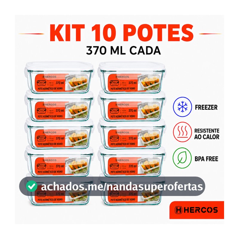 Kit Pote Hermético Vidro Tampa 4 Travas 370ml Retangular Freezer Marmita Frios Fitness Micro Ondas