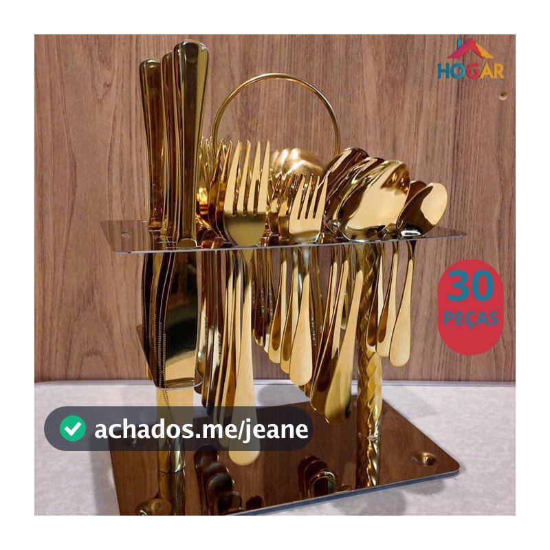 Kit de Talheres com Suporte 24pç e 30pç Faqueiro Linha Premium Super Luxo Dourado e Prata