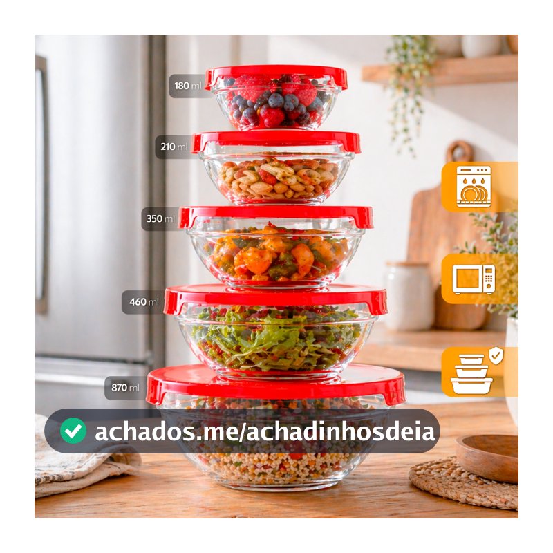 Kit 5 Tigelas de Vidro RedondasTampas Herméticas Potes Cozinha e Armazenamento