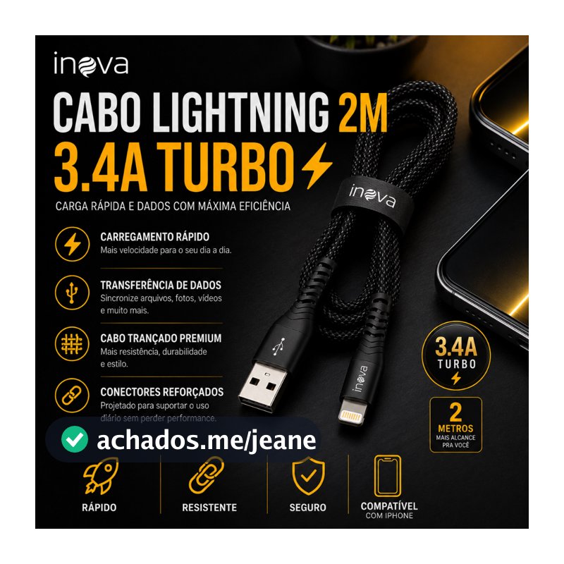 Cabo Carregador para Iphone Turbo 2m Inova Lightning Usb Trançado Premium Super Rápido