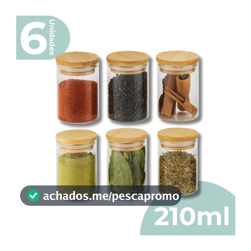 Kit 6 Pote De Vidro Porta Tempero Mantimentos Redondo Borossilicato Tampa De Bambu 210ml