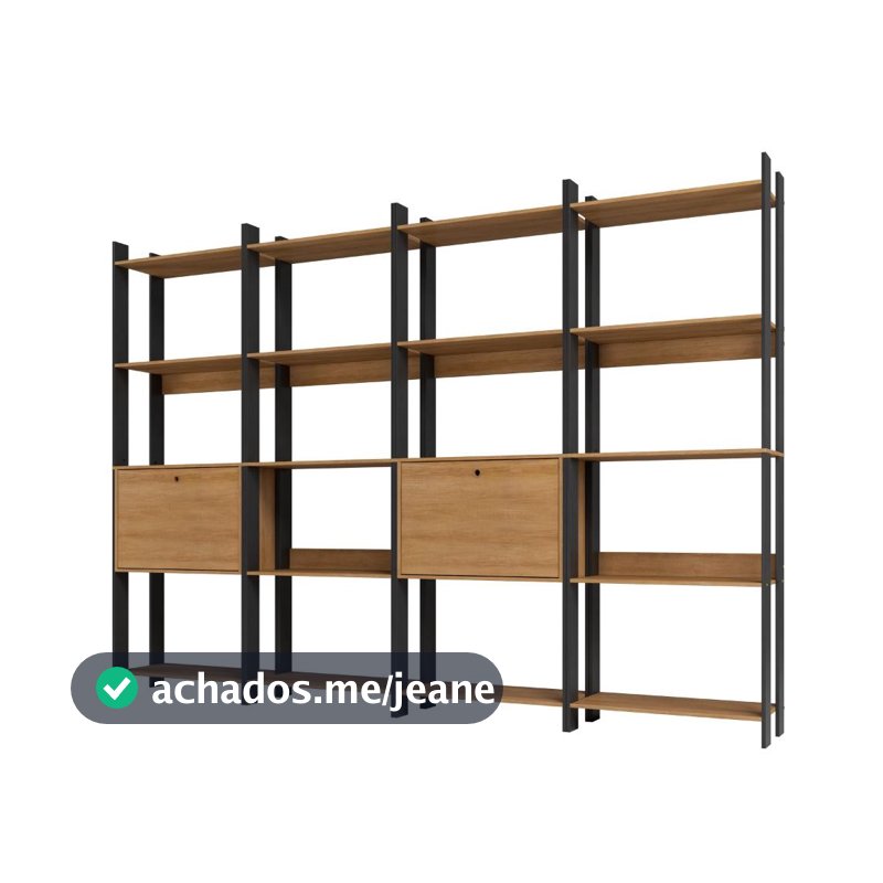 Kit 4 Estantes para Livros 2 Portas 20 Prateleiras Estilo Industrial Lâmina Mel/Preto - BRV Móveis
