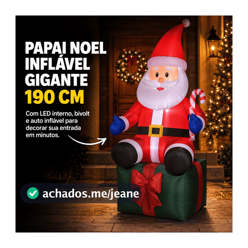 Papai Noel Inflável Gigante 1,90m com LED Bivolt Auto Inflável Sentado no Presente Decoração de Natal