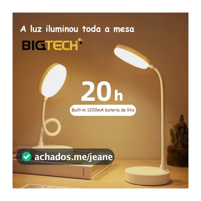 Luminária Abajur de Mesa LED Luz Recarregável Touch Haste Flexível Lâmpada De Estudo Sem Fio BigTech