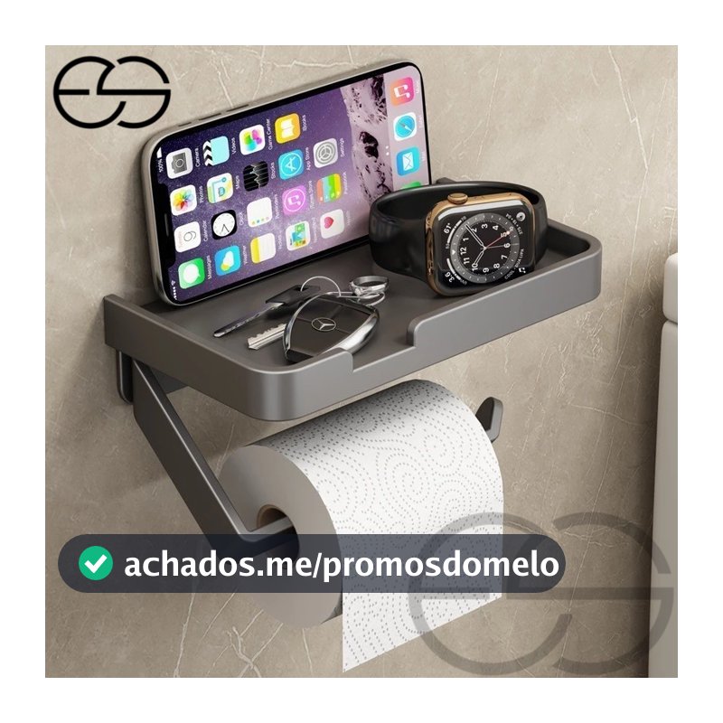 Metal Suporte  Porta Papel Higienico Preto e Suporte para Celular  Com Adesivo  Fixo na Parede Sem Furos ES