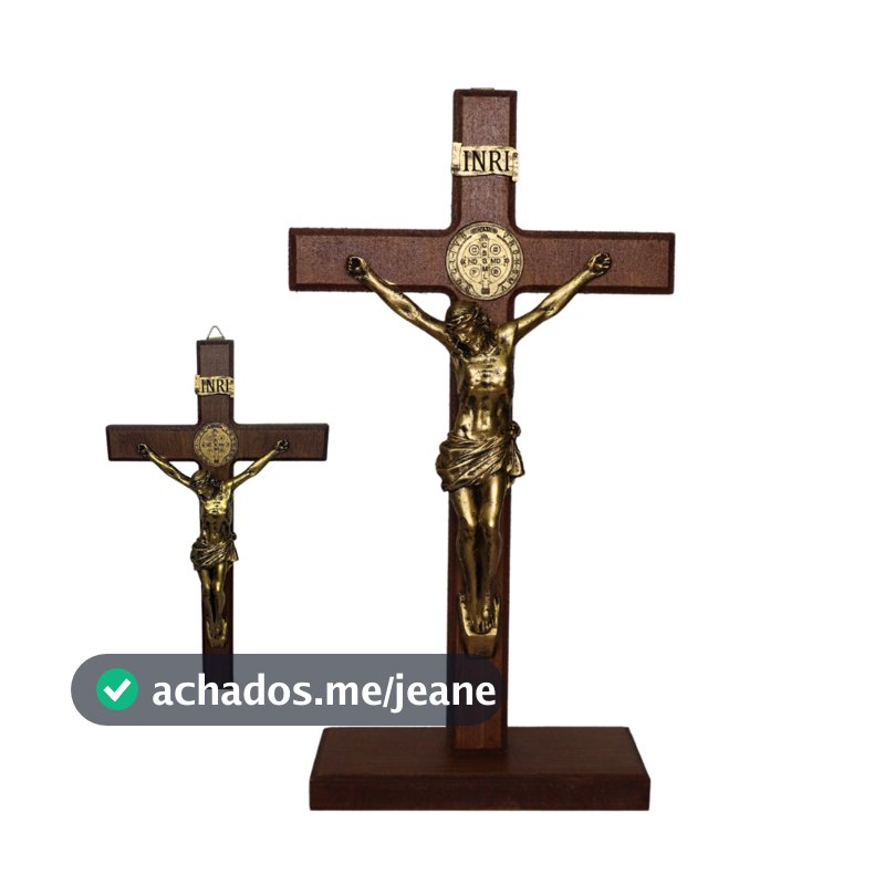 Crucifixo de Madeira São Bento Mesa e Parede Altar Proteção Quaresma 30 cm