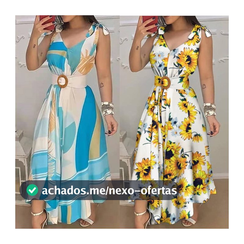 Vestido Longo Feminino Floral Boho Estampado Cinto Balanço Sem Mangas Com Decote Em V
