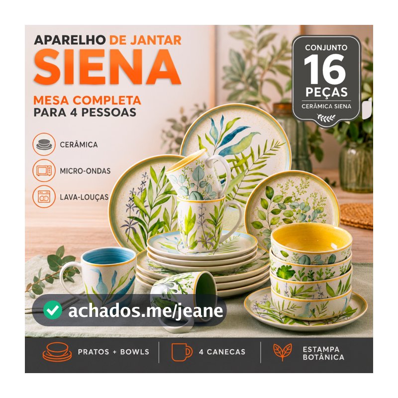 Aparelho de Jantar 16 Peças Cerâmica Siena com Bowls Pratos de Jantar e Sobremesa Rasos