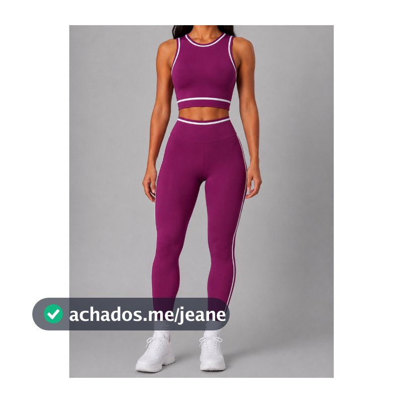 Conjunto Fitness Feminino Calça Legging e Cropped Decote Alto com Listras Laterais Academia