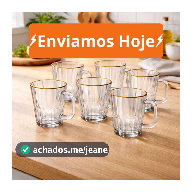 Xícaras De vidro transparente com Borda de Ouro 6 Unidades Cha e Café