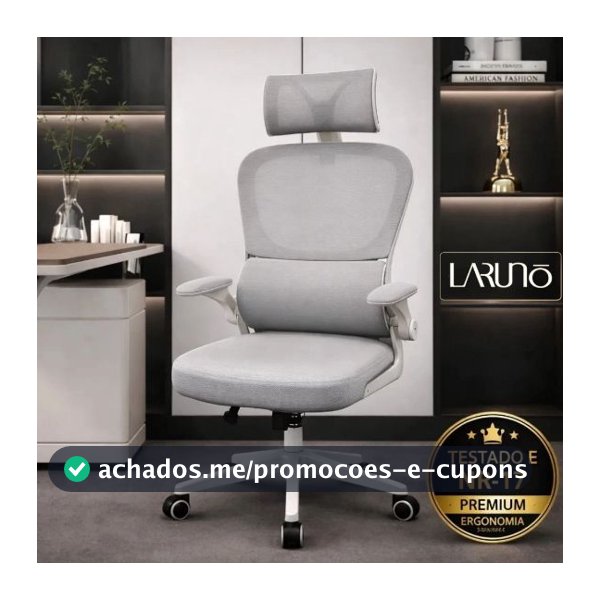 Cadeira de Escritório Ergonômica cinza Giratória com Apoio Lombar e Braços Ajustáveis - LARUNO