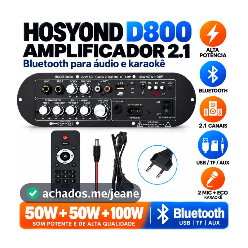 Amplificador receptor Bluetooth Hosyond D800 2.1 canais 50W×2 + subwoofer de 100W amplificador de classe D com áudio