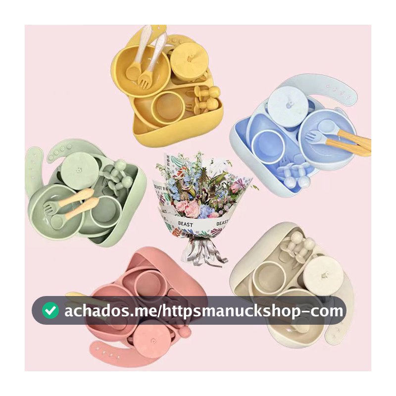 Talheres do Bebê Conjunto Prato De Jantar De Silicone Para Bebês Com Tigela De ventosa Sippy Cup Bibs Colher kit 5/12pcs