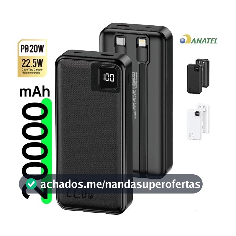 Carregador portátil 20000mah Power Bank Turbo Com Tela LED 100% Original tipo C para iphone