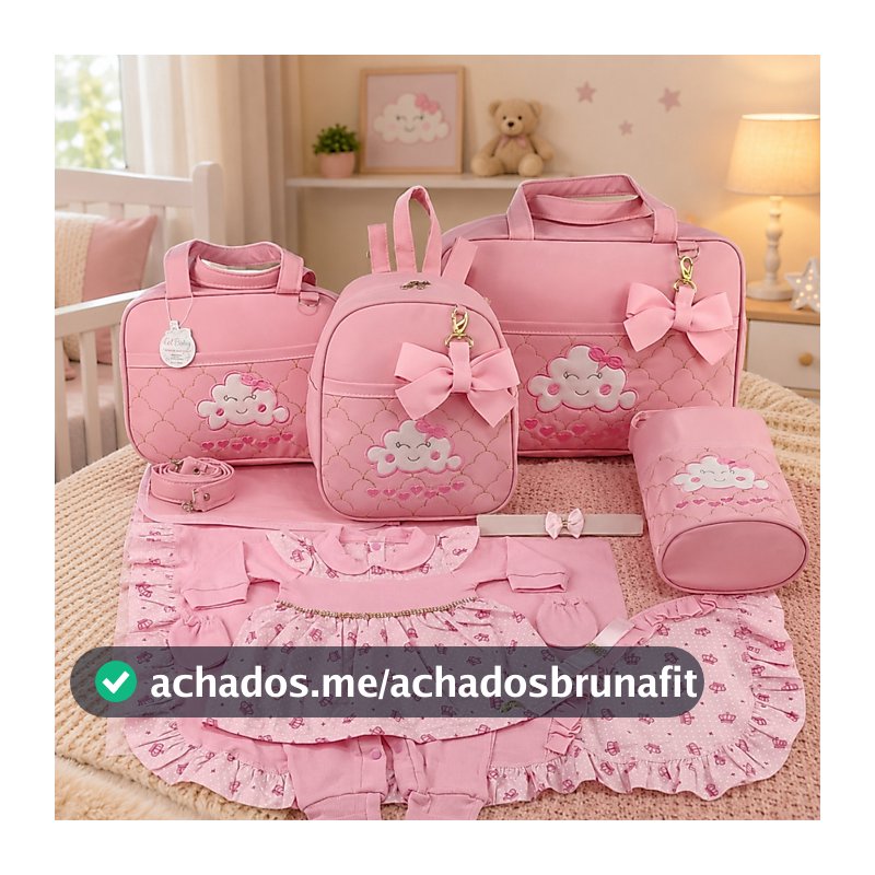 Kit Bolsa Maternidade Menina 5 Peças Nuvem + Saída Maternidade Rosa - Opções Laços de Luxo