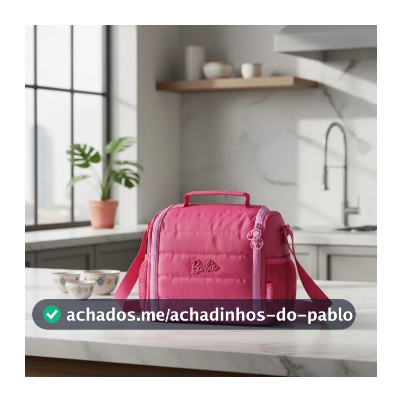 Lancheira Térmica porta marmita Barbie Rosa com Alça e Bolso Telado Oficial