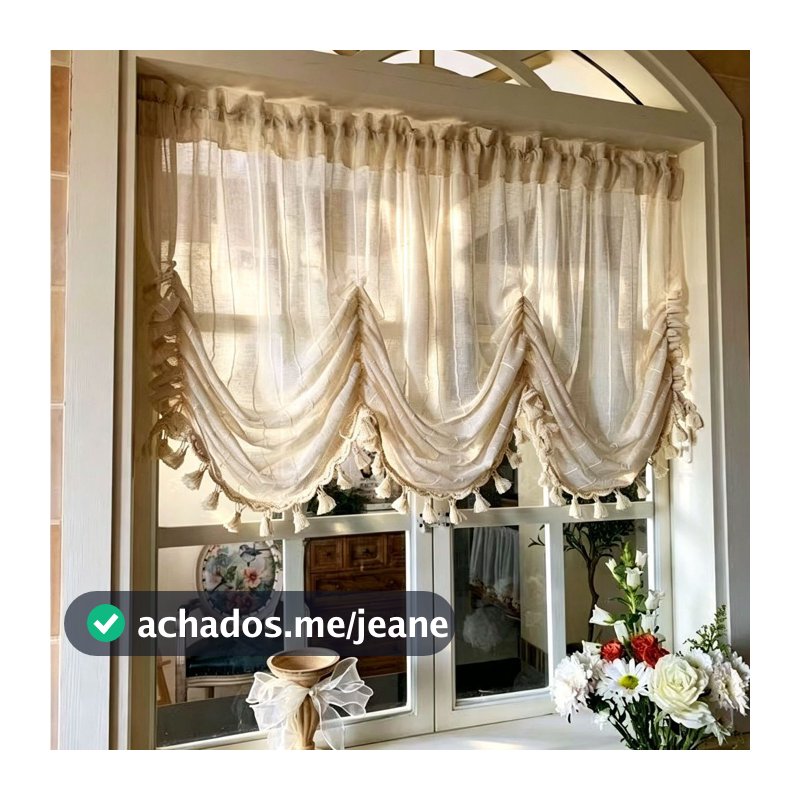 Cortina Transparente Listrada Estilo Francês Country, Meia Cortina Vintage Fazenda com Borlas para Janela