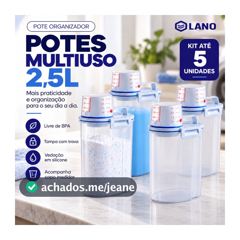 Até 5 Potes Herméticos Multiuso 2,5L com Bico Dosador Porta Ração Pet Sabão em Pó Lavanderia Alimentos Grãos Organizador