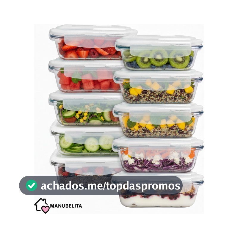 Kit 10 Potes Vidro 370ml Hermético Marmita Forno microondas Airfryer Manubelita