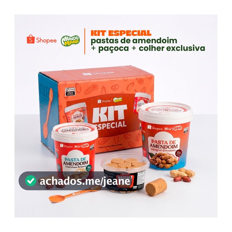 Kit 02 Pasta de Amendoim Integral e Chocolate Branco + Paçoca Collab Mundo Mani e Shopee