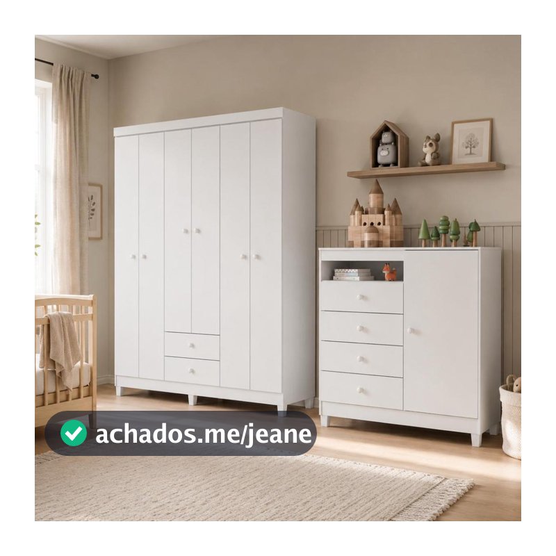 Guarda Roupa Infantil 6 Portas 2 Portas  Com Cômoda Sapateira 1 Porta 4 Gavetas Aquarela Branco Azul e Rosa
