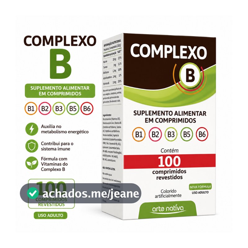 Complexo B 100 Comprimidos Arte Nativa Vitaminas B1 B2 B3 B5 B6 Suplemento Alimentar