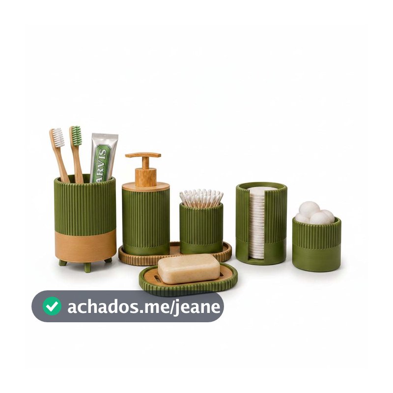 Kit de banheiro premium verde oliva e preto com design texturizado e sofisticados detalhes amadeirados