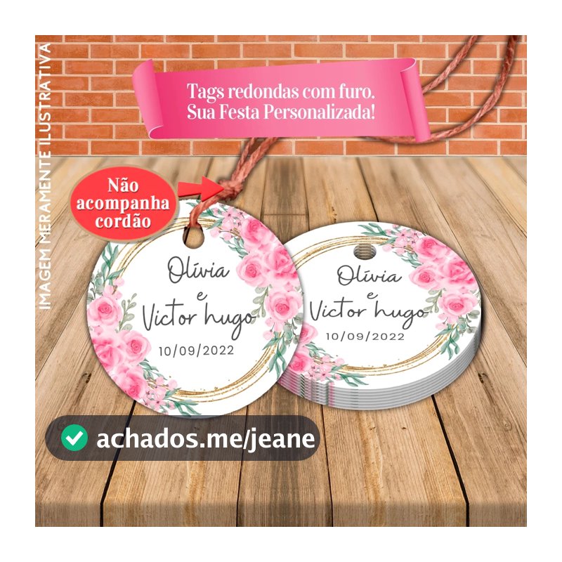 Tags Redondas de Casamento Rosa Peersonalizada
