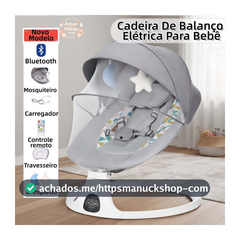 Cadeira de Descanso Balanço para Bebê com Música Mosquiteiro Controle Remoto Premium