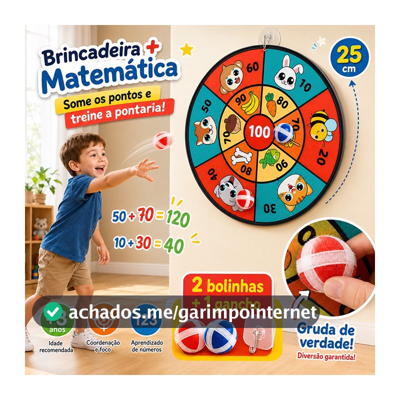 Brinquedo Educativo Infantil Tiro ao Alvo Velcro Matemática 25cm com 2 Bolinhas