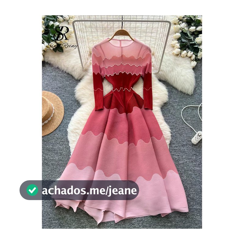 Onda Impressão Vestido De Festa Alta Qualidade O Pescoço Mangas Compridas Pérola Miçangas Plissado Outono Multicolorido