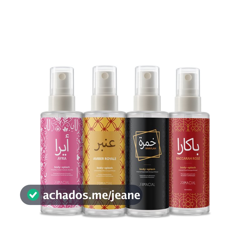 KIT COM 4 BODY SPLASH ARABE AYRA + BACCARAH ROSE + AMBER ROYALE + KHAYLAH 100ML - PRIMACIAL PERFUME ARABE
