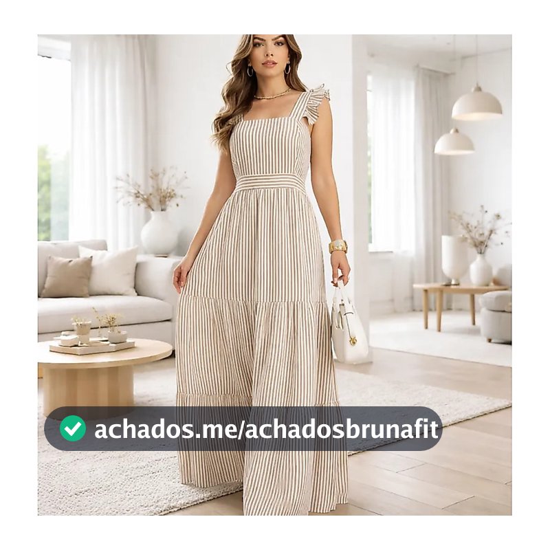 Vestido Longo Elegante De Duna Alças Babado Listrado Moda