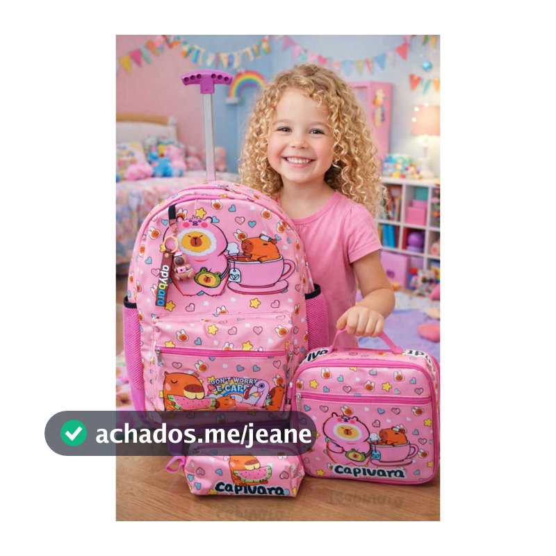 Kit Mochila de Rodinha Lancheira  Estojo Normal Chaveiro Capivara 3pcs Volta às Aulas