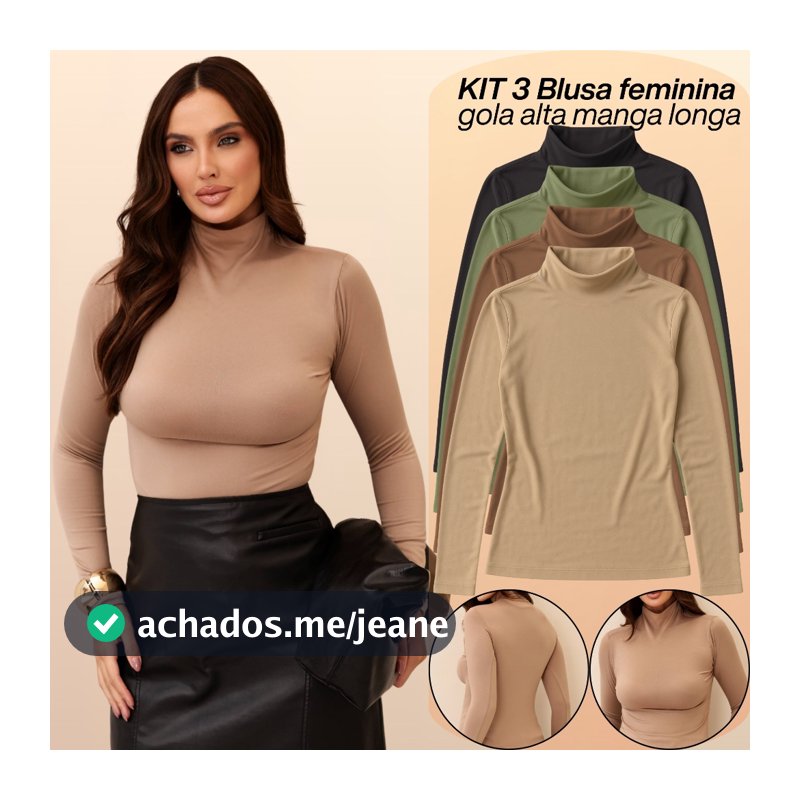 KIT 3 Blusas Feminina Cacharrel Gola Alta Manga Longa Segunda Pele Básica Para Inverno Frio