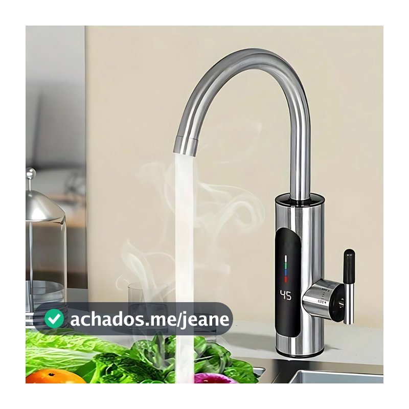 Torneira Elétrica Cozinha Banheiro Visor Temperatura Regulagem Giratória 360° Aço Inox 110V-220V