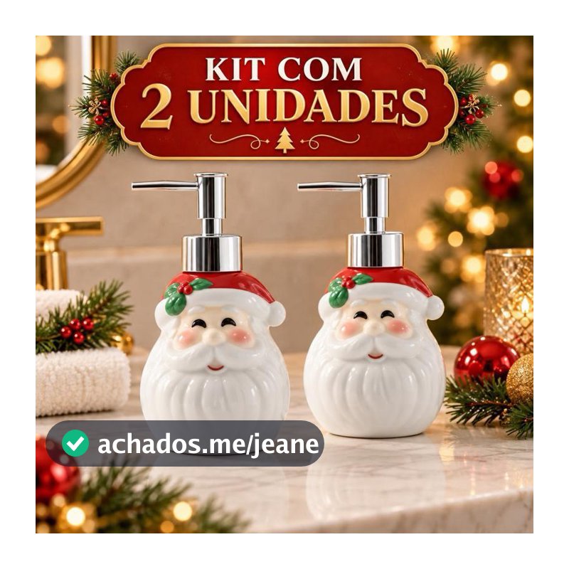 Kit 2 Saboneteiras Natalinas Papai Noel de Cerâmica com Dosador Prata