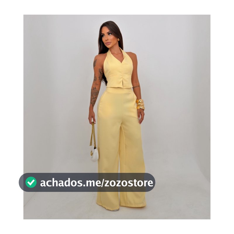 Conjunto Feminino Alfaiataria Calça Pantalona Cintura Alta e Cropped Colete Frente Única Elegante