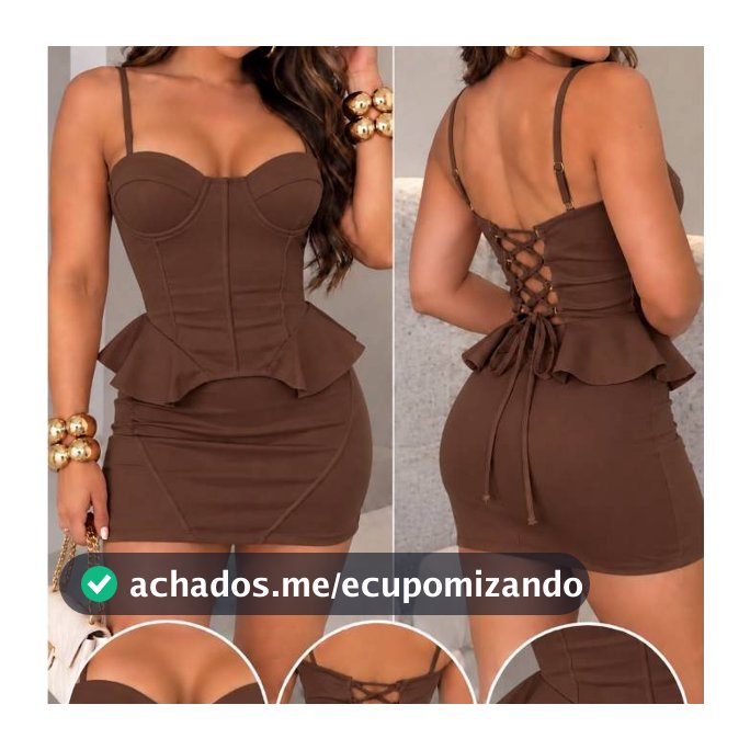 Conjunto Feminino Corset com Bojo e Saia Mini, Peplum com Babado, Amarração nas Costas, Look Elegante e Sensual