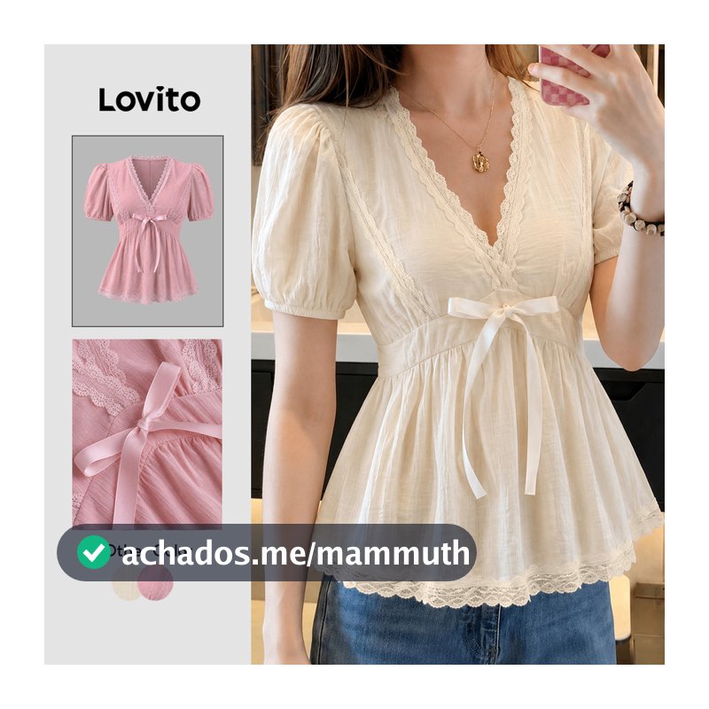 Lovito Blusa Elegante de Renda com Laço Frontal Textura Primavera/verão Cor Branca Off White para mulheres BLK9P2D387