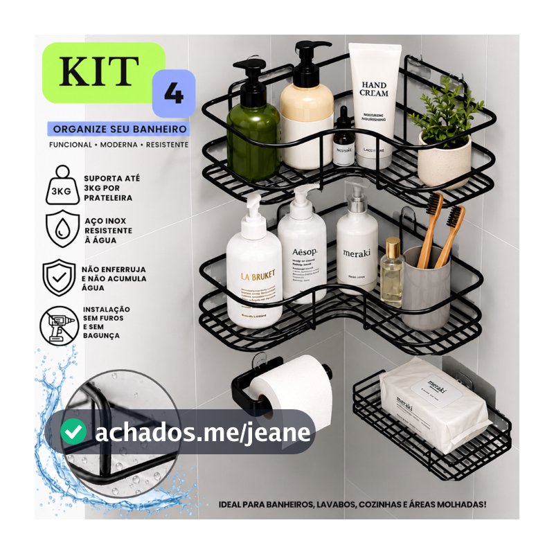 Kit 4 Peças Organizador Banheiro Adesivo Suporte Parede Shampoo E Acessórios