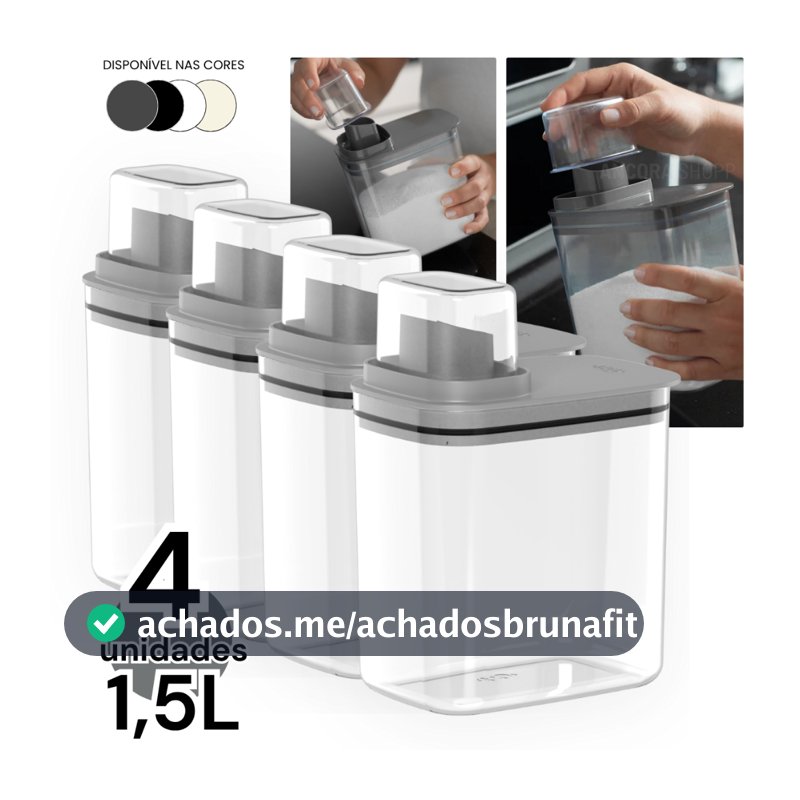 Kit 4un Dispenser Flow 1,5 Litros Porta Sabão Líquido em Pó Amaciante Alvejante Organizador Armário de Lavanderia