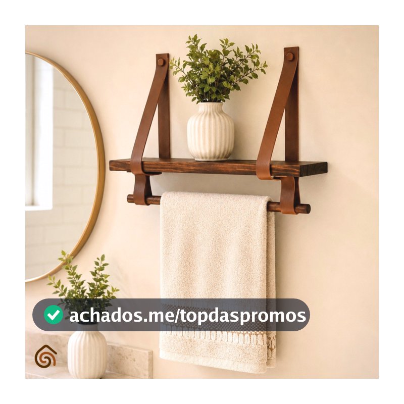 Prateleira Suporte Para Toalha Madeira Envernizada e Couro Decoração Banheiro Rústico | Casa Madêco