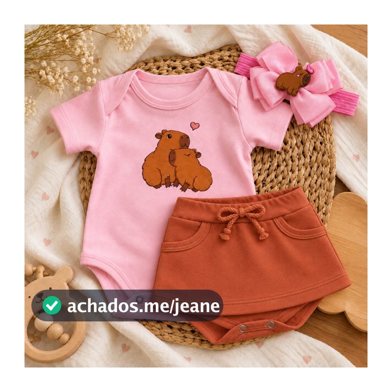 Conjunto de Bebê Menina Body + Saia + Lacinho 100% Algodão - Frutinhas, Capivara, Vaquinha, Gatinha.