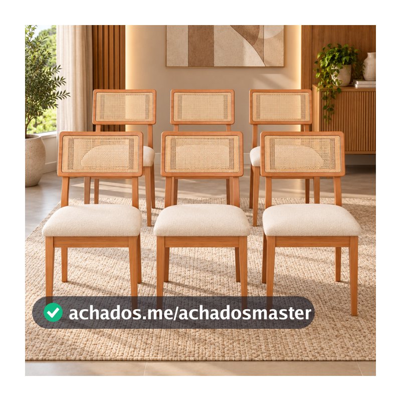 Kit 6 Cadeiras para Sala de Jantar  Estofadas Encosto de Tela em 100% MDF Freijó Cesare Claro