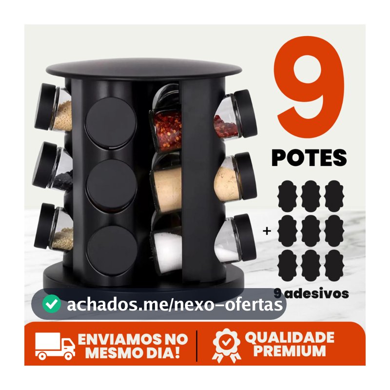 Porta Tempero Condimento Girátorio 9 Potes Cozinha Preto 360 Graus Organizador Dosador Profissional