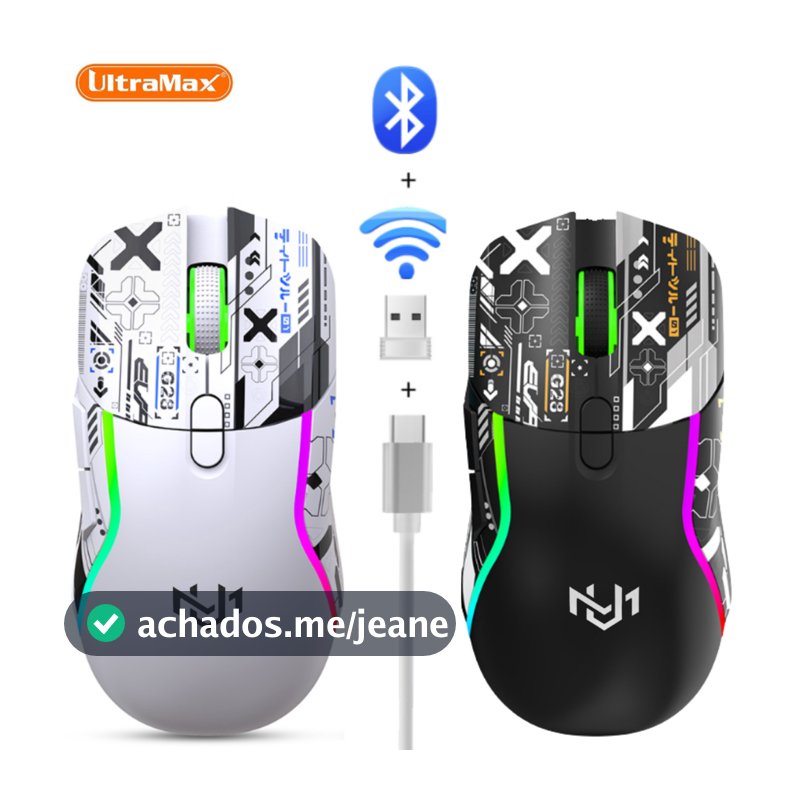 Mouse Gamer Sem Fio 2.4GHz + Bluetooth 5.0 RGB Recarregável